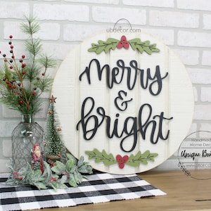 Merry & Bright sign, Christmas Sign, Farmhouse Christmas wall decor, Rustic wood shiplap sign, Wreath for front door, 19.5" Winter door sign