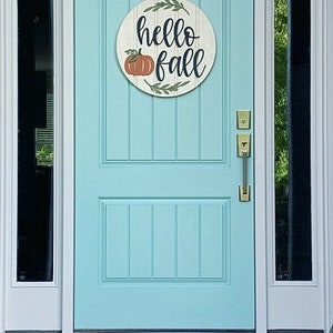 Front Door Decor, Hello Fall Door Sign, Fall Door Hanger, Hello Pumpkin sign, Rustic wood Shiplap sign, Halloween Fall Wreath for front door image 5