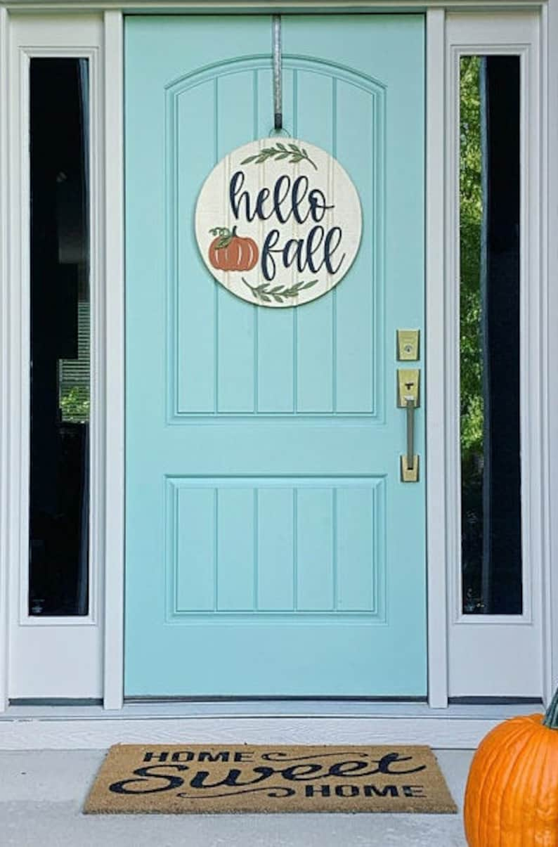 Front Door Decor, Hello Fall Door Sign, Fall Door Hanger, Hello Pumpkin sign, Rustic wood Shiplap sign, Halloween Fall Wreath for front door image 5