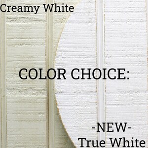 May include: Two wood samples showing different shades of white paint. The left sample is labeled "ORIGINAL - Creamy White" and the right sample is labeled "NEW - True White".  The text "COLOR CHOICE" is displayed in the center of the image.