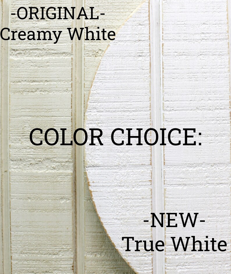May include: Two wood samples showing different shades of white paint. The left sample is labeled "ORIGINAL - Creamy White" and the right sample is labeled "NEW - True White".  The text "COLOR CHOICE" is displayed in the center of the image.
