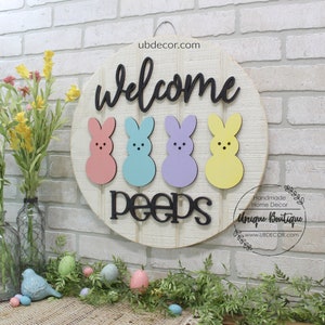 Welcome Peeps Sign, Happy Easter Bunny Door Decor, Spring door hanger, Wood shiplap sign, Spring Wreath for front door, Peep Bunnies Rabbit image 3