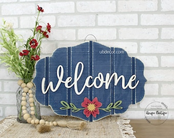Welcome Door Hanger, Summer door sign, Navy Blue Red floral front door wreath, wood shiplap sign, Modern Farmhouse, Rustic Home Decor, 22x15