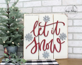 Let it Snow Christmas winter Sign, Red Silver Snowflakes, Wood Shiplap Sign, Farmhouse wall Home Decor, 17x17, Farmhouse Christmas Decor