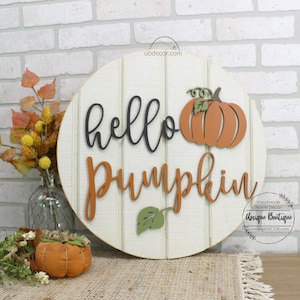 Hello Pumpkin Door sign, Front Door Decor, Fall Door Hanger, Hello Fall Sign, Rustic wood Shiplap sign, Halloween Fall Wreath for front door