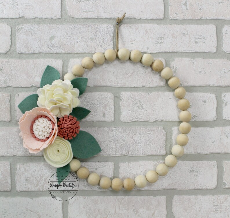 Felt Flower Wood Bead hoop Wreath, 10 Spring Felt Flowers decor, Dusty rose, Blush Pink, Ivory flowers, Floral wall decor, door hanger image 1