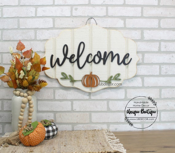 Welcome Fall Door sign, Autumn Door Hanger, Pumpkin Halloween, wood shiplap sign, farmhouse wall decor, front door decor, Modern door wreath