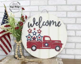 Red Truck with Stars Hanging Sign, American Flag Red white Blue, 4th of July sign, Patriotic Door Wreath, Summer door sign, front door sign