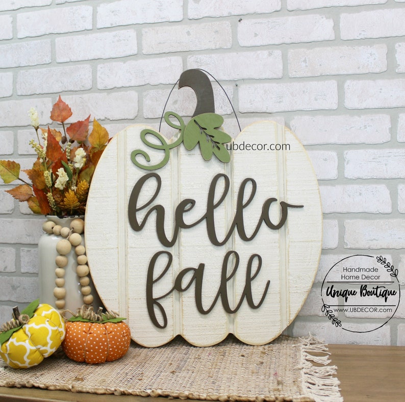 White Pumpkin Door Hanger, Hello Fall Sign, Wood shiplap sign, Neutral Rustic Decor, Farmhouse wall Decor, Modern wreath for Fall image 3