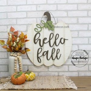 White Pumpkin Door Hanger, Hello Fall Sign, Wood shiplap sign, Neutral Rustic Decor, Farmhouse wall Decor, Modern wreath for Fall image 1