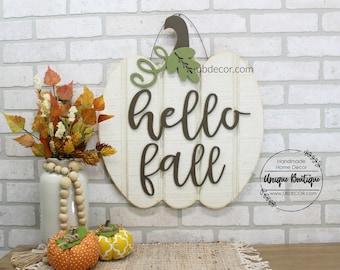 White Pumpkin Door Hanger, Hello Fall Sign, Wood shiplap sign, Neutral Rustic Decor, Farmhouse wall Decor, Modern wreath for Fall