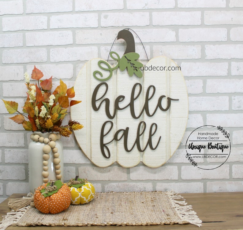 White Pumpkin Door Hanger, Hello Fall Sign, Wood shiplap sign, Neutral Rustic Decor, Farmhouse wall Decor, Modern wreath for Fall image 1