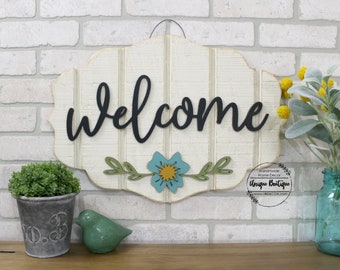 Rustic front door hanger, Welcome sign with blue flowers, Wood Shiplap Sign, Front Door Decor, 22 x 15, Hanging Door Decor, Spring Door Sign