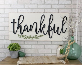 Thankful Sign, Farmhouse wall decor, fixer upper style, Large Wooden shiplap sign, Dining room wall decor, rustic wood home decor, 35x16