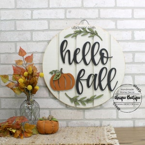 Front Door Decor, Hello Fall Door Sign, Fall Door Hanger, Hello Pumpkin sign, Rustic wood Shiplap sign, Halloween Fall Wreath for front door image 3