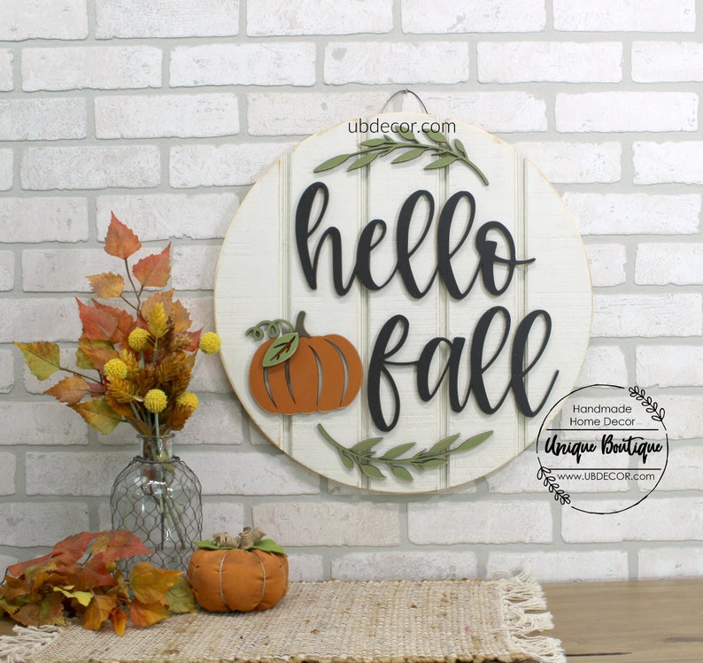 Front Door Decor, Hello Fall Door Sign, Fall Door Hanger, Hello Pumpkin sign, Rustic wood Shiplap sign, Halloween Fall Wreath for front door image 3