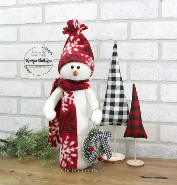 Farmhouse Christmas Decor, Fabric Stuffed Snowman, Black White Red