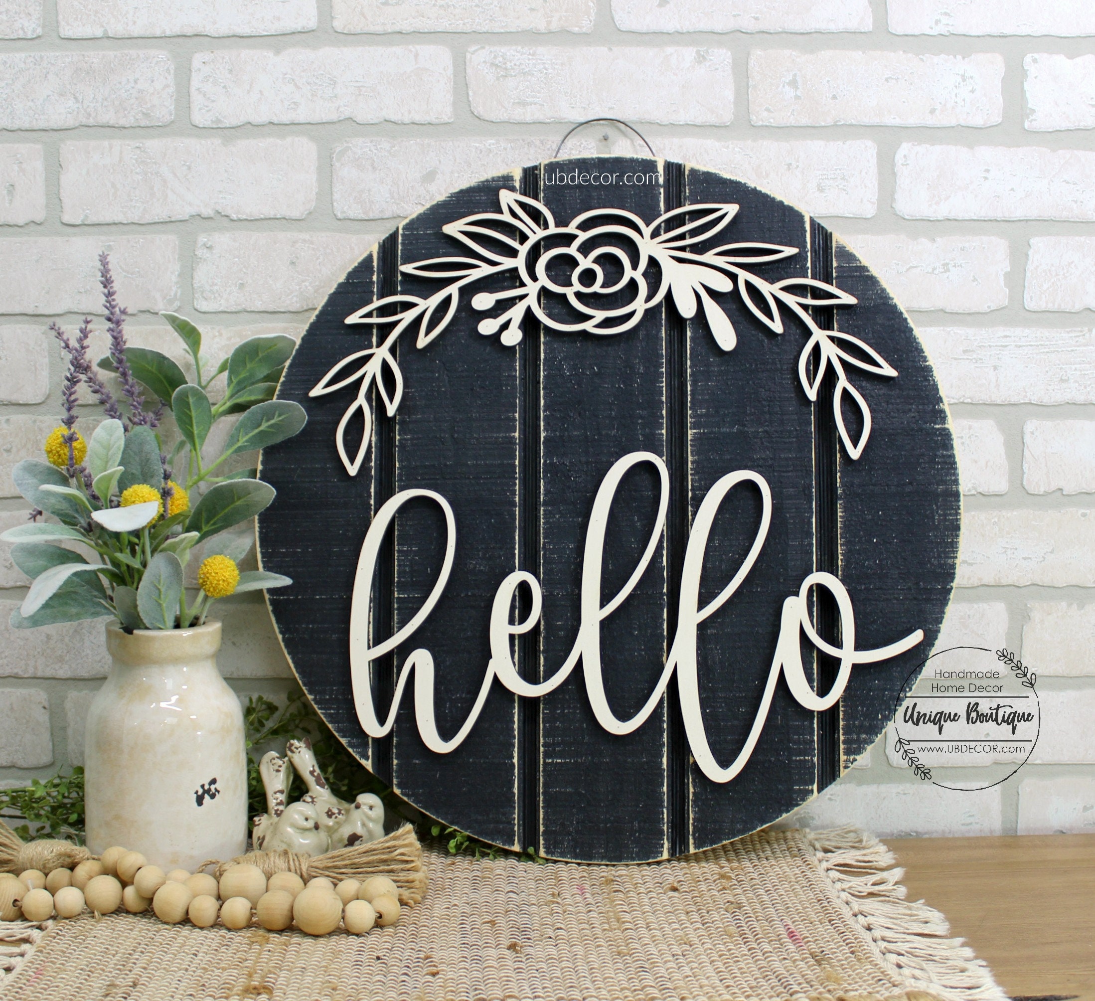 Cartel De Madera "Hello" Para Colgar En La Puerta - Decoración Rústica Floral, Medidas 26x7 Cm, Ideal Para Entrada, Hogar O Restaurante