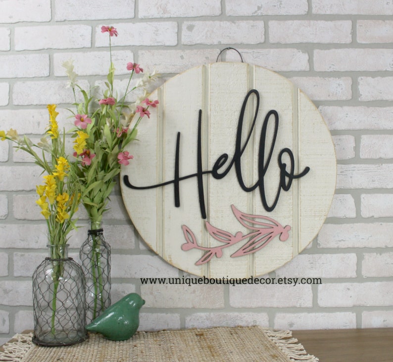 Hello Sign Modern Door Decor Blush Pink Flourish Front Door Etsy