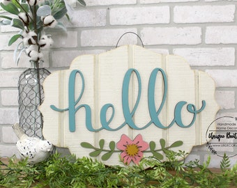 Hello Door Sign, Spring Decor, Summer door Hanger, front door decor, Dusty Blue Pink painted flower, Front Door wreath, 22x15, shiplap sign