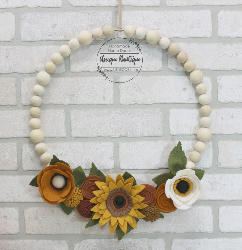 Wood Bead Hoop Wreath Wreath for Front Door Sunflower Felt Etsy