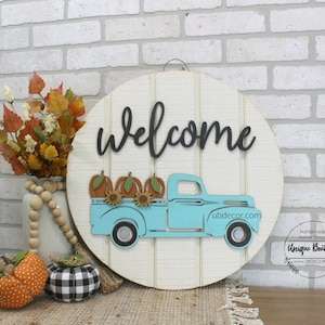 Pumpkin Truck Sign, Fall Door, Fall Truck Sign, Welcome Sign, Blue Truck Sign, Round  Door Hanger, Fall Decor, Rustic wood sign, farmhouse