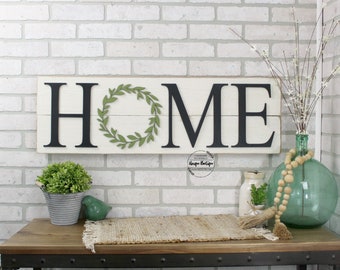 Wooden HOME Sign, Boxwood wreath sign, shiplap sign, Home sign with wreath, Rustic Wall Decor, 35x11, gallery wall, hanging wood sign