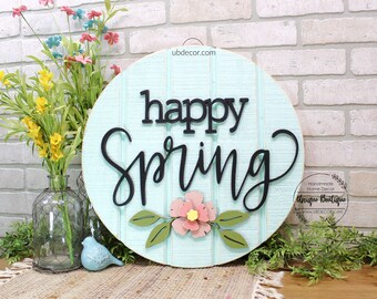 Happy Spring Door Hanger with Blush Pink flower, Rustic shiplap Front Door Sign, Wood Door Hanger, 19.5" Round, Easter Wreath for front door