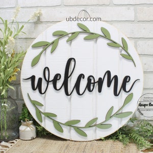 Welcome Sign for Front Door, Hanging Wood sign, Front Door Decor, year round sign 19.5", Modern Wreath for front door, Housewarming gift