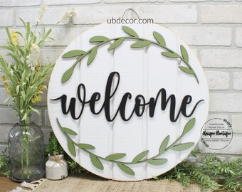 Welcome Sign for Front Door, Hanging Wood sign, Front Door Decor, year round sign 19.5", Modern Wreath for front door, Housewarming gift