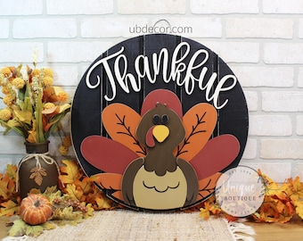 Turkey Door Hanger, Front Door Decor, Thankful Door Sign, Rustic wood Shiplap sign, Thanksgiving Fall Wreath for front door, Autumn
