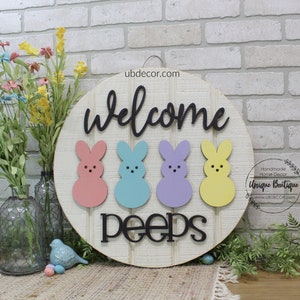 Welcome Peeps Sign, Happy Easter Bunny Door Decor, Spring door hanger, Wood shiplap sign, Spring Wreath for front door, Peep Bunnies Rabbit image 2