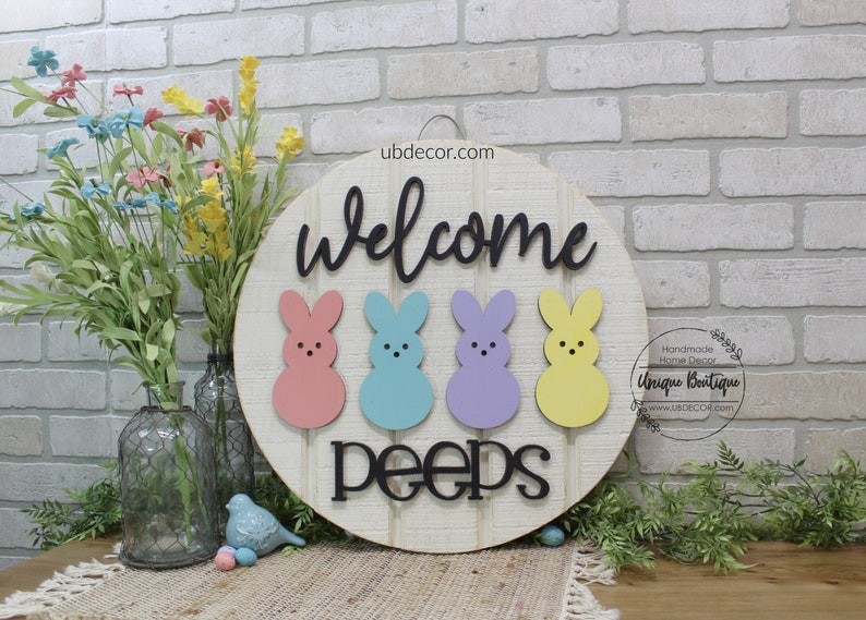 Welcome Peeps Sign, Happy Easter Bunny Door Decor, Spring door hanger, Wood shiplap sign, Spring Wreath for front door, Peep Bunnies Rabbit image 2