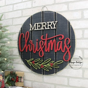 Merry Christmas Door Hanger, Christmas Door signs, Farmhouse Christmas Decor, Round wood shiplap sign, Wreath for front door decor, 19.5 image 3