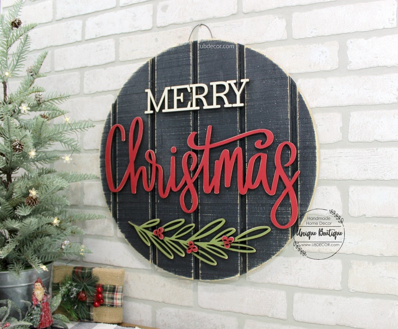 Merry Christmas Door Hanger, Christmas Door signs, Farmhouse Christmas Decor, Round wood shiplap sign, Wreath for front door decor, 19.5 image 3