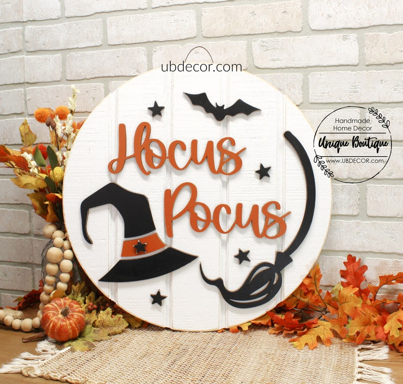 Front Door Decor, Hocus Pocus Witch Fall Door Sign, Fall Door Hanger, Halloween Fall Wreath for front door, 19.5 Rustic wood Shiplap sign image 1