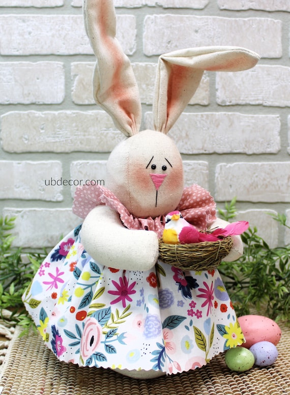 Stuffed Woman Rabbit Bunny w Straw Basket of Cloth Eggs Spring Easter Decor
