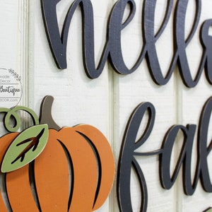 Front Door Decor, Hello Fall Door Sign, Fall Door Hanger, Hello Pumpkin sign, Rustic wood Shiplap sign, Halloween Fall Wreath for front door image 2