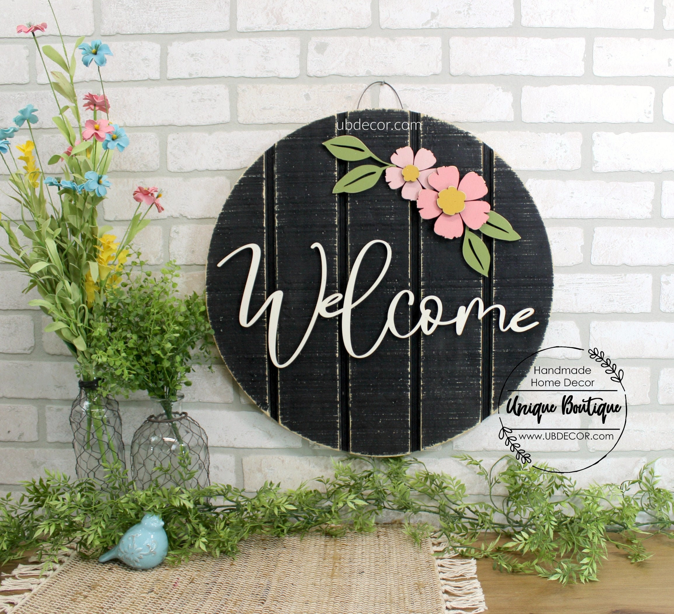 Spring Door Hanger, Welcome Sign for front door, Summer Door Decor, Hello Wreath, Floral door hanging, Wood shiplap sign, Rustic Decor 19.5"