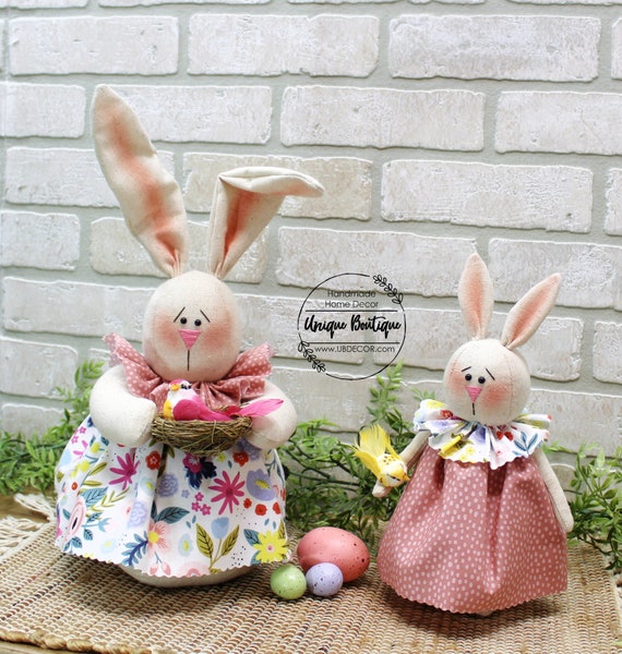 Fabric Easter Bunny, Farmhouse Easter Decor, Mauve Pink Floral Bird,  Stuffed Rabbit Doll in Dress, Spring Easter Egg Bunny Rustic Decoration 