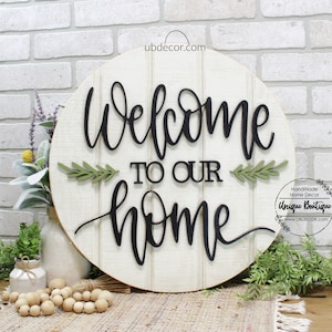 Welcome to our Home Sign, Wood Door Hanger, Rustic Home Decor, Modern Farmhouse Style, Entryway Decor, year round wreath for front door 19.5