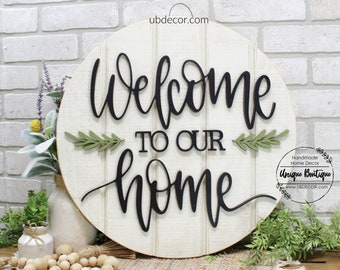 Welcome to our Home Sign, Wood Door Hanger, Rustic Home Decor, Modern Farmhouse Style, Entryway Decor, year round wreath for front door 19.5