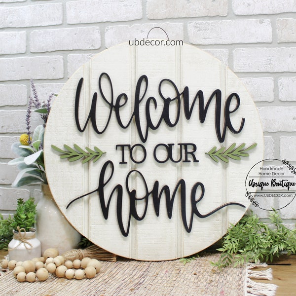 Welcome to our Home Sign, Wood Door Hanger, Rustic Home Decor, Modern Farmhouse Style, Entryway Decor, year round wreath for front door 19.5