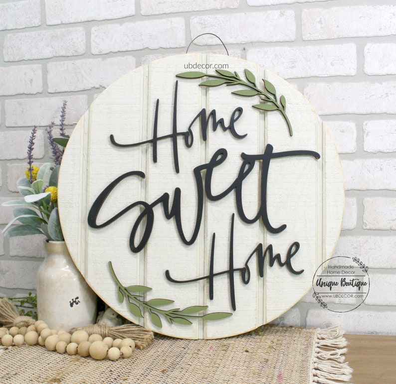 Front Door Decor, Home Sweet Home Sign, Wood Door Hanger, Rustic Home Decor, Modern Farmhouse Style, year round wreath for front door, 19.5" image 1