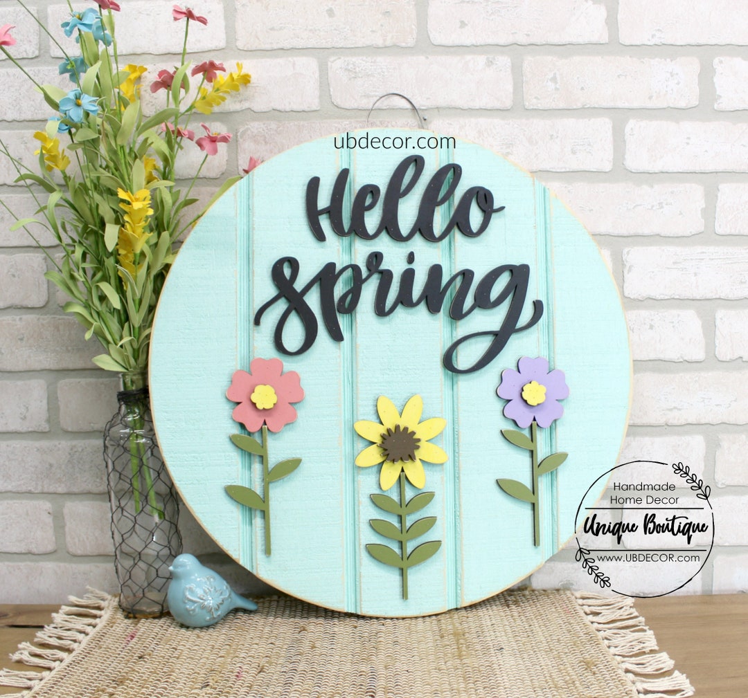 Hello Spring Door Sign, Easter Sign, 19.5" Round Door Hanger, Wood Sign ...
