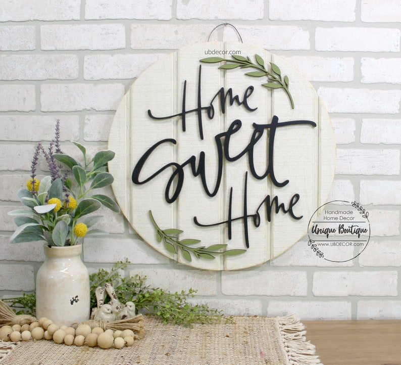 Front Door Decor, Home Sweet Home Sign, Wood Door Hanger, Rustic Home Decor, Modern Farmhouse Style, year round wreath for front door, 19.5" image 2