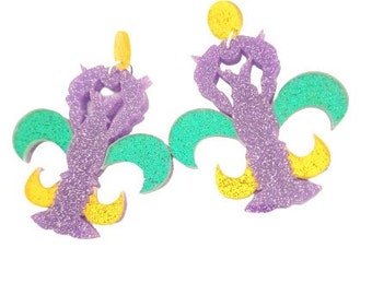 Fleur de Lis Earrings Crawfish Earrings Mardi Gras Earrings Glitter Mardi Gras Earrings Louisiana Nola Earrings