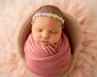 Tieback Newborn, Pastel Rainbow Newborn, Tiny Headband Newborn, Newborn Headband, Simple  Flower Headband Newborn, Infant Photography Prop