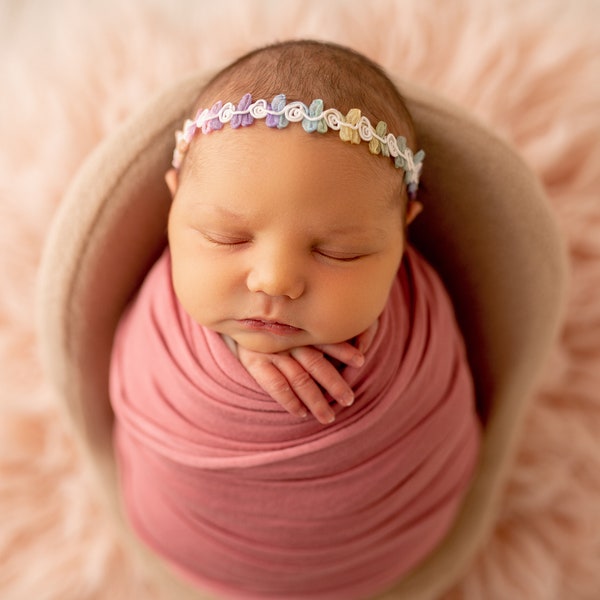 Tieback Newborn, Pastel Rainbow Newborn, Tiny Headband Newborn, Newborn Headband, Simple Flower Headband Newborn, Infant Photography Prop