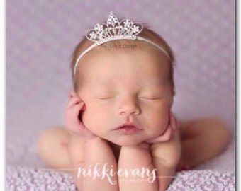 Tiara Baby Headband, Tiny Newborn Headband, Princess Newborn, Headband Rhinestone Crown, Tiara Newborn Photo Prop